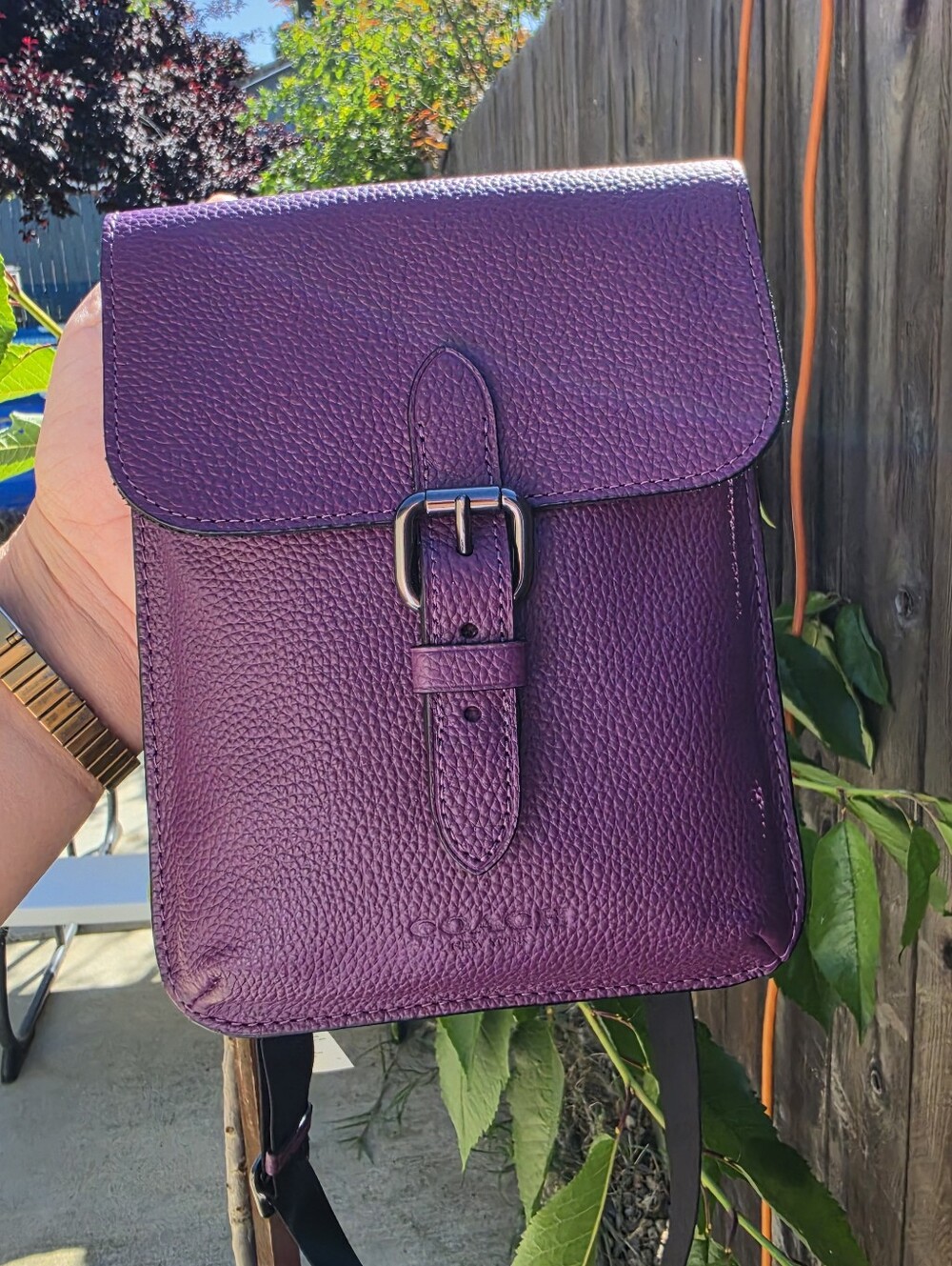 Coach Pebbled Leather Cell Phone Crossbody Bag in Deep Purple